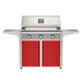 American Outdoor Grill 36" T-Series Portable Gas Grill with gray accent panel and red accent panel cart base, large analog thermometer and push-button electronic ignition with backlit comfort-touch control knobs.
