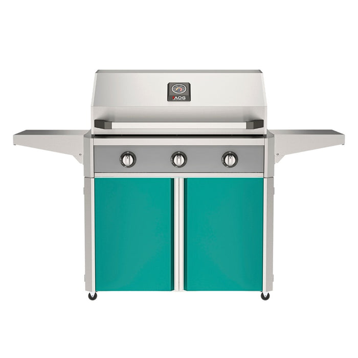 American Outdoor Grill 36" T-Series Portable Gas Grill with gray accent panel and teal accent panel cart base, large analog thermometer and push-button electronic ignition with backlit comfort-touch control knobs.
