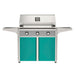 American Outdoor Grill 36" T-Series Portable Gas Grill with gray accent panel and teal accent panel cart base, large analog thermometer and push-button electronic ignition with backlit comfort-touch control knobs.
