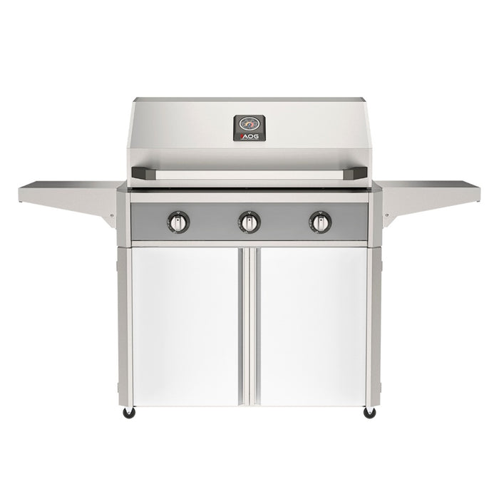 American Outdoor Grill 36" T-Series Portable Gas Grill with gray accent panel and white accent panel cart base, large analog thermometer and push-button electronic ignition with backlit comfort-touch control knobs.
