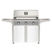 American Outdoor Grill 36" T-Series Portable Gas Grill with gray accent panel and white accent panel cart base, large analog thermometer and push-button electronic ignition with backlit comfort-touch control knobs.
