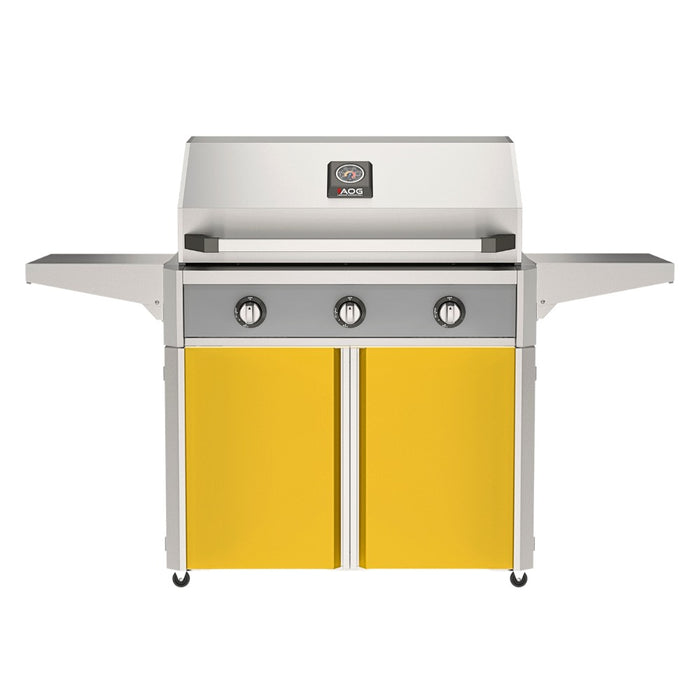 American Outdoor Grill 36" T-Series Portable Gas Grill with gray accent panel and yellow accent panel cart base, large analog thermometer and push-button electronic ignition with backlit comfort-touch control knobs.
