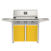 American Outdoor Grill 36" T-Series Portable Gas Grill with gray accent panel and yellow accent panel cart base, large analog thermometer and push-button electronic ignition with backlit comfort-touch control knobs.
