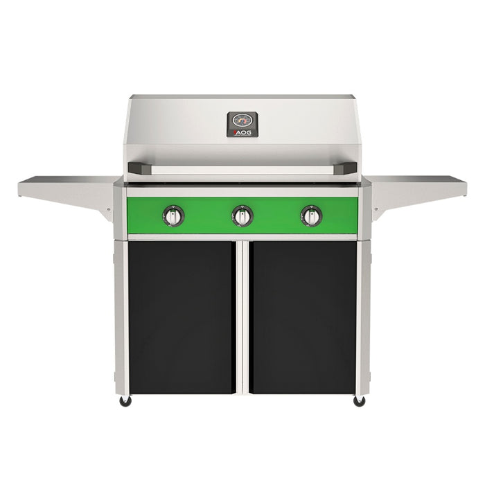 American Outdoor Grill 36" T-Series Portable Gas Grill with green accent panel and black accent panel cart base, large analog thermometer and push-button electronic ignition with backlit comfort-touch control knobs.
