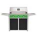 American Outdoor Grill 36" T-Series Portable Gas Grill with green accent panel and black accent panel cart base, large analog thermometer and push-button electronic ignition with backlit comfort-touch control knobs.

