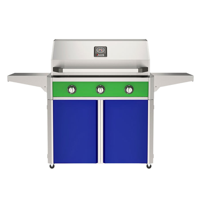 American Outdoor Grill 36" T-Series Portable Gas Grill with green accent panel and blue accent panel cart base, large analog thermometer and push-button electronic ignition with backlit comfort-touch control knobs.
