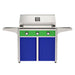 American Outdoor Grill 36" T-Series Portable Gas Grill with green accent panel and blue accent panel cart base, large analog thermometer and push-button electronic ignition with backlit comfort-touch control knobs.
