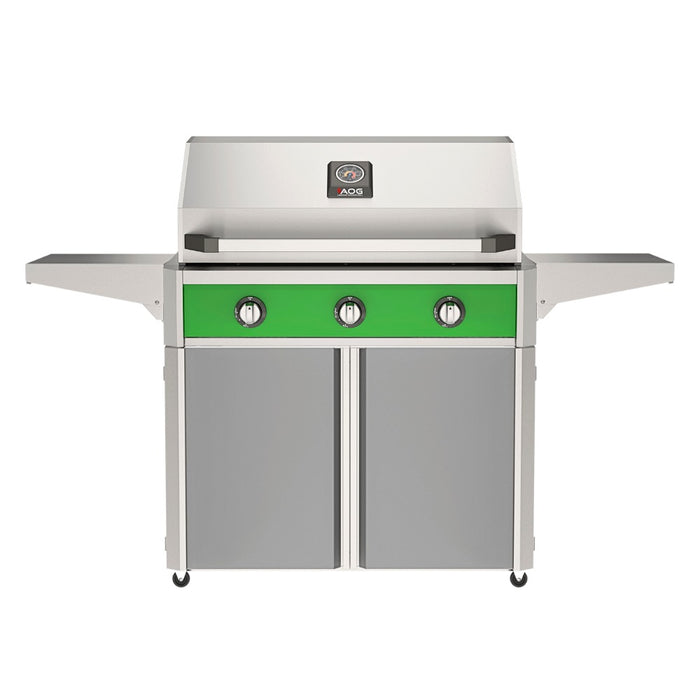 American Outdoor Grill 36" T-Series Portable Gas Grill with green accent panel and gray accent panel cart base, large analog thermometer and push-button electronic ignition with backlit comfort-touch control knobs.
