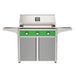 American Outdoor Grill 36" T-Series Portable Gas Grill with green accent panel and gray accent panel cart base, large analog thermometer and push-button electronic ignition with backlit comfort-touch control knobs.
