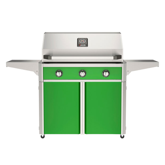 American Outdoor Grill 36" T-Series Portable Gas Grill with green accent panel and green accent panel cart base, large analog thermometer and push-button electronic ignition with backlit comfort-touch control knobs.
