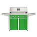 American Outdoor Grill 36" T-Series Portable Gas Grill with green accent panel and green accent panel cart base, large analog thermometer and push-button electronic ignition with backlit comfort-touch control knobs.
