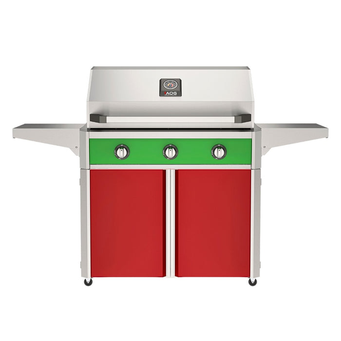 American Outdoor Grill 36" T-Series Portable Gas Grill with green accent panel and red accent panel cart base, large analog thermometer and push-button electronic ignition with backlit comfort-touch control knobs.
