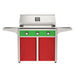 American Outdoor Grill 36" T-Series Portable Gas Grill with green accent panel and red accent panel cart base, large analog thermometer and push-button electronic ignition with backlit comfort-touch control knobs.
