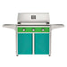 American Outdoor Grill 36" T-Series Portable Gas Grill with green accent panel and teal accent panel cart base, large analog thermometer and push-button electronic ignition with backlit comfort-touch control knobs.
