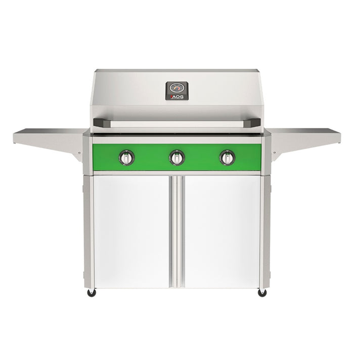 American Outdoor Grill 36" T-Series Portable Gas Grill with green accent panel and white accent panel cart base, large analog thermometer and push-button electronic ignition with backlit comfort-touch control knobs.
