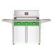 American Outdoor Grill 36" T-Series Portable Gas Grill with green accent panel and white accent panel cart base, large analog thermometer and push-button electronic ignition with backlit comfort-touch control knobs.

