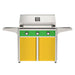 American Outdoor Grill 36" T-Series Portable Gas Grill with green accent panel and yellow accent panel cart base, large analog thermometer and push-button electronic ignition with backlit comfort-touch control knobs.
