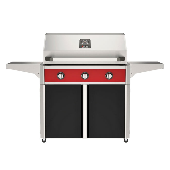 American Outdoor Grill 36" T-Series Portable Gas Grill with red accent panel and black accent panel cart base, large analog thermometer and push-button electronic ignition with backlit comfort-touch control knobs.
