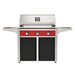 American Outdoor Grill 36" T-Series Portable Gas Grill with red accent panel and black accent panel cart base, large analog thermometer and push-button electronic ignition with backlit comfort-touch control knobs.
