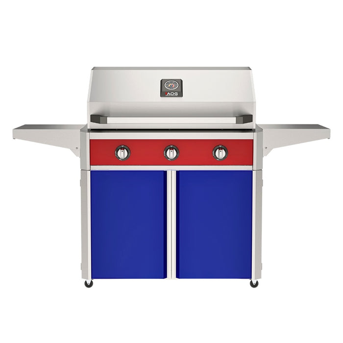 American Outdoor Grill 36" T-Series Portable Gas Grill with red accent panel and blue accent panel cart base, large analog thermometer and push-button electronic ignition with backlit comfort-touch control knobs.
