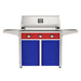 American Outdoor Grill 36" T-Series Portable Gas Grill with red accent panel and blue accent panel cart base, large analog thermometer and push-button electronic ignition with backlit comfort-touch control knobs.
