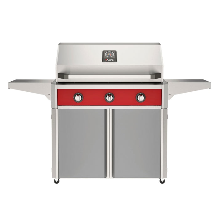 American Outdoor Grill 36" T-Series Portable Gas Grill with red accent panel and gray accent panel cart base, large analog thermometer and push-button electronic ignition with backlit comfort-touch control knobs.
