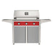 American Outdoor Grill 36" T-Series Portable Gas Grill with red accent panel and gray accent panel cart base, large analog thermometer and push-button electronic ignition with backlit comfort-touch control knobs.
