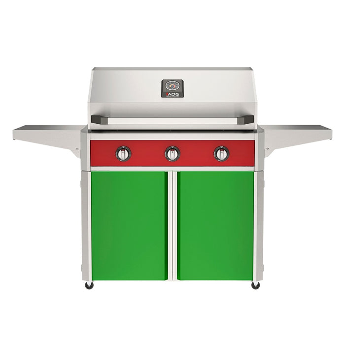 American Outdoor Grill 36" T-Series Portable Gas Grill with red accent panel and green accent panel cart base, large analog thermometer and push-button electronic ignition with backlit comfort-touch control knobs.
