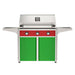 American Outdoor Grill 36" T-Series Portable Gas Grill with red accent panel and green accent panel cart base, large analog thermometer and push-button electronic ignition with backlit comfort-touch control knobs.
