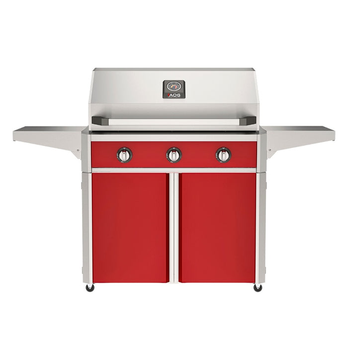 American Outdoor Grill 36" T-Series Portable Gas Grill with red accent panel and red accent panel cart base, large analog thermometer and push-button electronic ignition with backlit comfort-touch control knobs.
