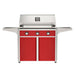 American Outdoor Grill 36" T-Series Portable Gas Grill with red accent panel and red accent panel cart base, large analog thermometer and push-button electronic ignition with backlit comfort-touch control knobs.
