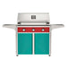 American Outdoor Grill 36" T-Series Portable Gas Grill with red accent panel and teal accent panel cart base, large analog thermometer and push-button electronic ignition with backlit comfort-touch control knobs.
