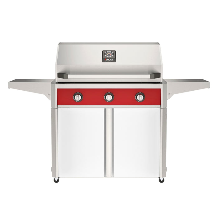 American Outdoor Grill 36" T-Series Portable Gas Grill with red accent panel and white accent panel cart base, large analog thermometer and push-button electronic ignition with backlit comfort-touch control knobs.
