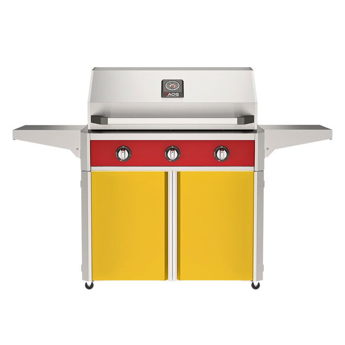 American Outdoor Grill 36" T-Series Portable Gas Grill with red accent panel and yellow accent panel cart base, large analog thermometer and push-button electronic ignition with backlit comfort-touch control knobs.
