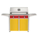 American Outdoor Grill 36" T-Series Portable Gas Grill with red accent panel and yellow accent panel cart base, large analog thermometer and push-button electronic ignition with backlit comfort-touch control knobs.
