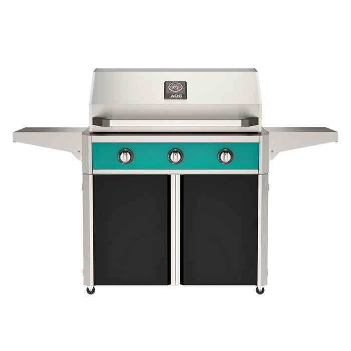American Outdoor Grill 36" T-Series Portable Gas Grill with teal accent panel and black accent panel cart base, large analog thermometer and push-button electronic ignition with backlit comfort-touch control knobs.
