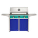 American Outdoor Grill 36" T-Series Portable Gas Grill with teal accent panel and blue accent panel cart base, large analog thermometer and push-button electronic ignition with backlit comfort-touch control knobs.

