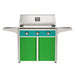 American Outdoor Grill 36" T-Series Portable Gas Grill with teal accent panel and green accent panel cart base, large analog thermometer and push-button electronic ignition with backlit comfort-touch control knobs.
