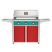 American Outdoor Grill 36" T-Series Portable Gas Grill with teal accent panel and red accent panel cart base, large analog thermometer and push-button electronic ignition with backlit comfort-touch control knobs.
