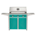American Outdoor Grill 36" T-Series Portable Gas Grill with teal accent panel and teal accent panel cart base, large analog thermometer and push-button electronic ignition with backlit comfort-touch control knobs.
