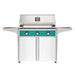 American Outdoor Grill 36" T-Series Portable Gas Grill with teal accent panel and white accent panel cart base, large analog thermometer and push-button electronic ignition with backlit comfort-touch control knobs.

