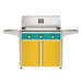 American Outdoor Grill 36" T-Series Portable Gas Grill with teal accent panel and yellow accent panel cart base, large analog thermometer and push-button electronic ignition with backlit comfort-touch control knobs.
