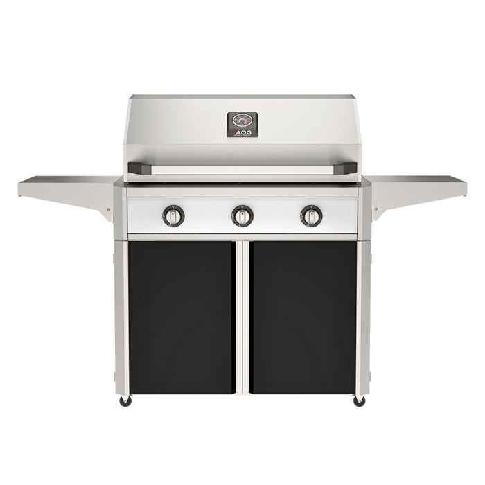 American Outdoor Grill 36" T-Series Portable Gas Grill with white accent panel and black accent panel cart base, large analog thermometer and push-button electronic ignition with backlit comfort-touch control knobs.
