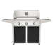 American Outdoor Grill 36" T-Series Portable Gas Grill with white accent panel and black accent panel cart base, large analog thermometer and push-button electronic ignition with backlit comfort-touch control knobs.
