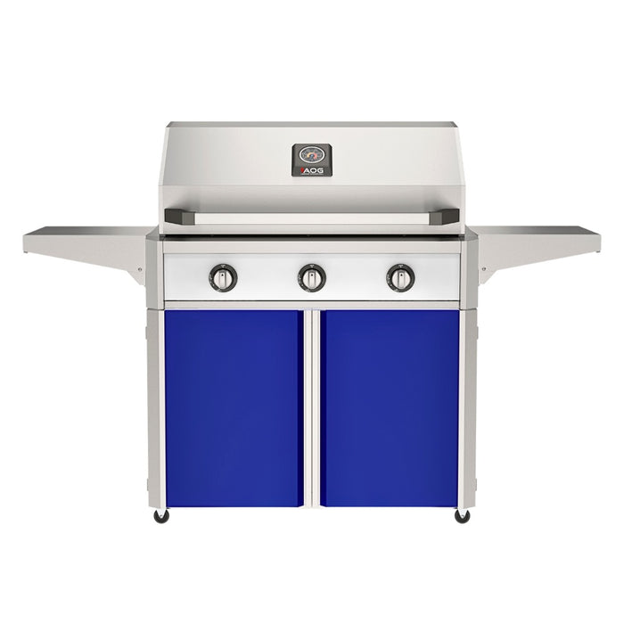 American Outdoor Grill 36" T-Series Portable Gas Grill with white accent panel and blue accent panel cart base, large analog thermometer and push-button electronic ignition with backlit comfort-touch control knobs.
