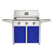 American Outdoor Grill 36" T-Series Portable Gas Grill with white accent panel and blue accent panel cart base, large analog thermometer and push-button electronic ignition with backlit comfort-touch control knobs.
