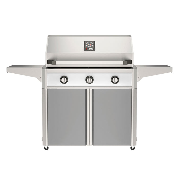 American Outdoor Grill 36" T-Series Portable Gas Grill with white accent panel and gray accent panel cart base, large analog thermometer and push-button electronic ignition with backlit comfort-touch control knobs.
