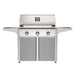 American Outdoor Grill 36" T-Series Portable Gas Grill with white accent panel and gray accent panel cart base, large analog thermometer and push-button electronic ignition with backlit comfort-touch control knobs.
