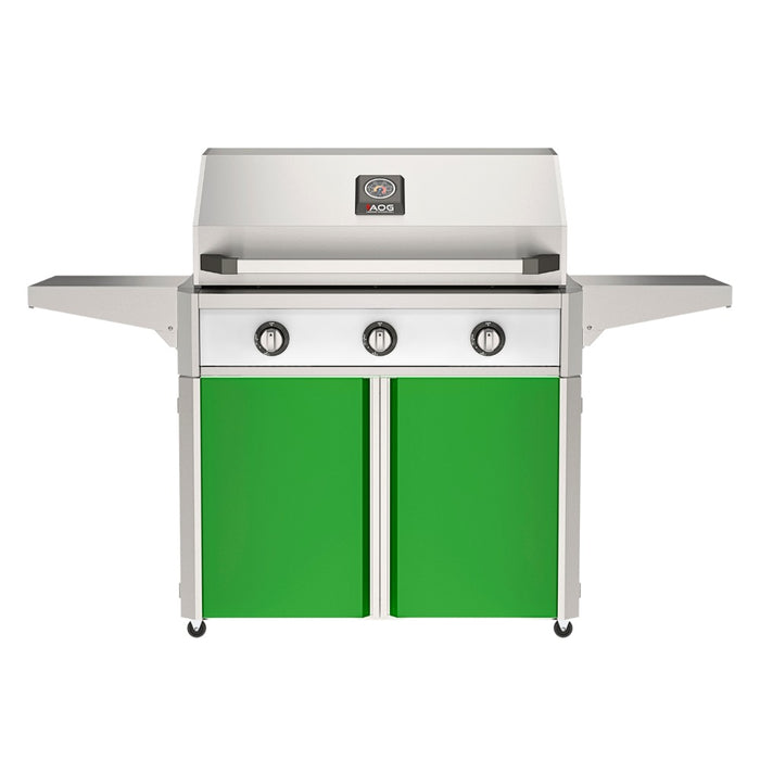 American Outdoor Grill 36" T-Series Portable Gas Grill with white accent panel and green accent panel cart base, large analog thermometer and push-button electronic ignition with backlit comfort-touch control knobs.
