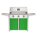 American Outdoor Grill 36" T-Series Portable Gas Grill with white accent panel and green accent panel cart base, large analog thermometer and push-button electronic ignition with backlit comfort-touch control knobs.

